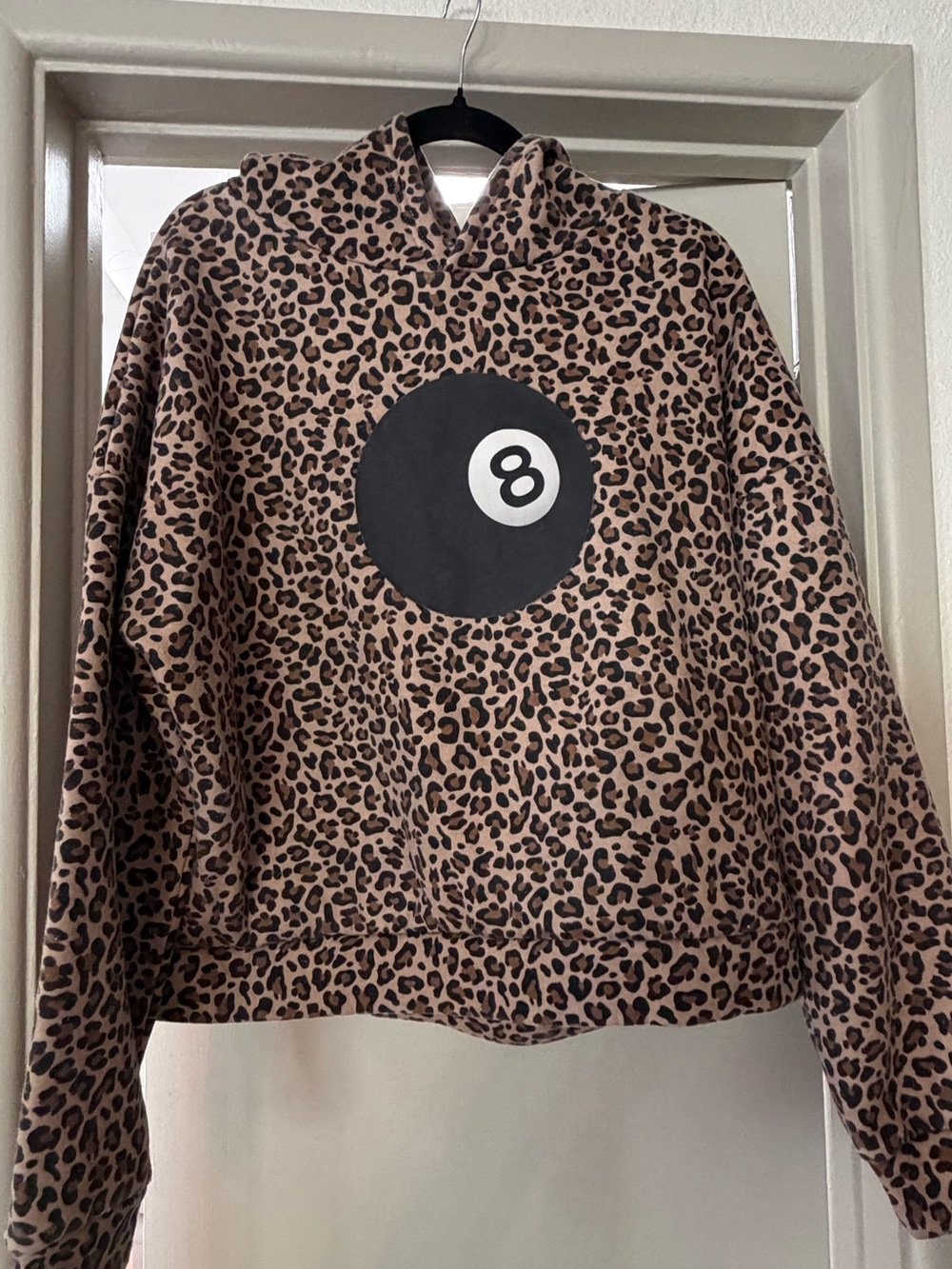 Edikted Leopard Print Hoodie with Black 8-Ball Graphic - Tan and Black